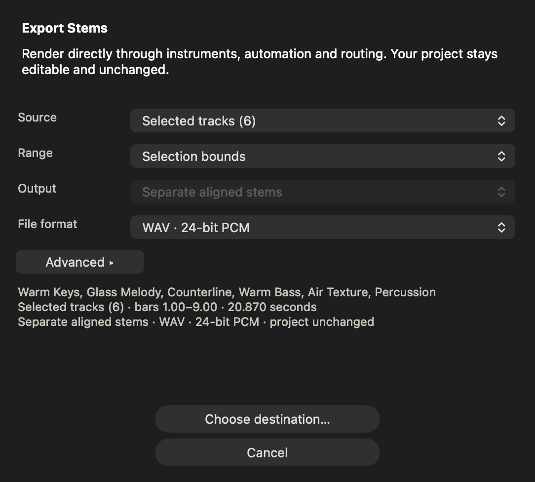 Export Stems dialog for six selected tracks, showing the range and separate aligned WAV output.