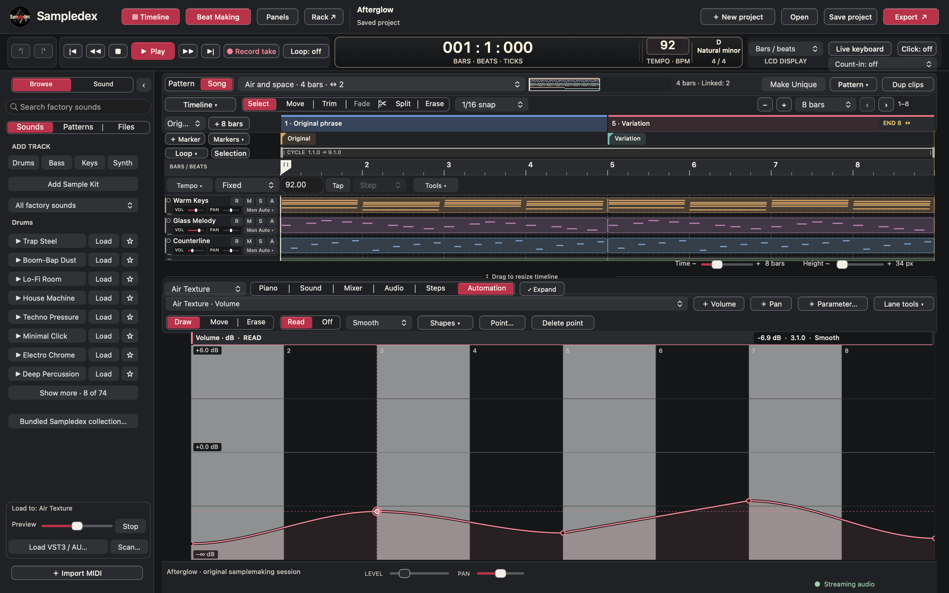 Air Texture volume automation drawn as a smooth curve across the eight-bar loop.