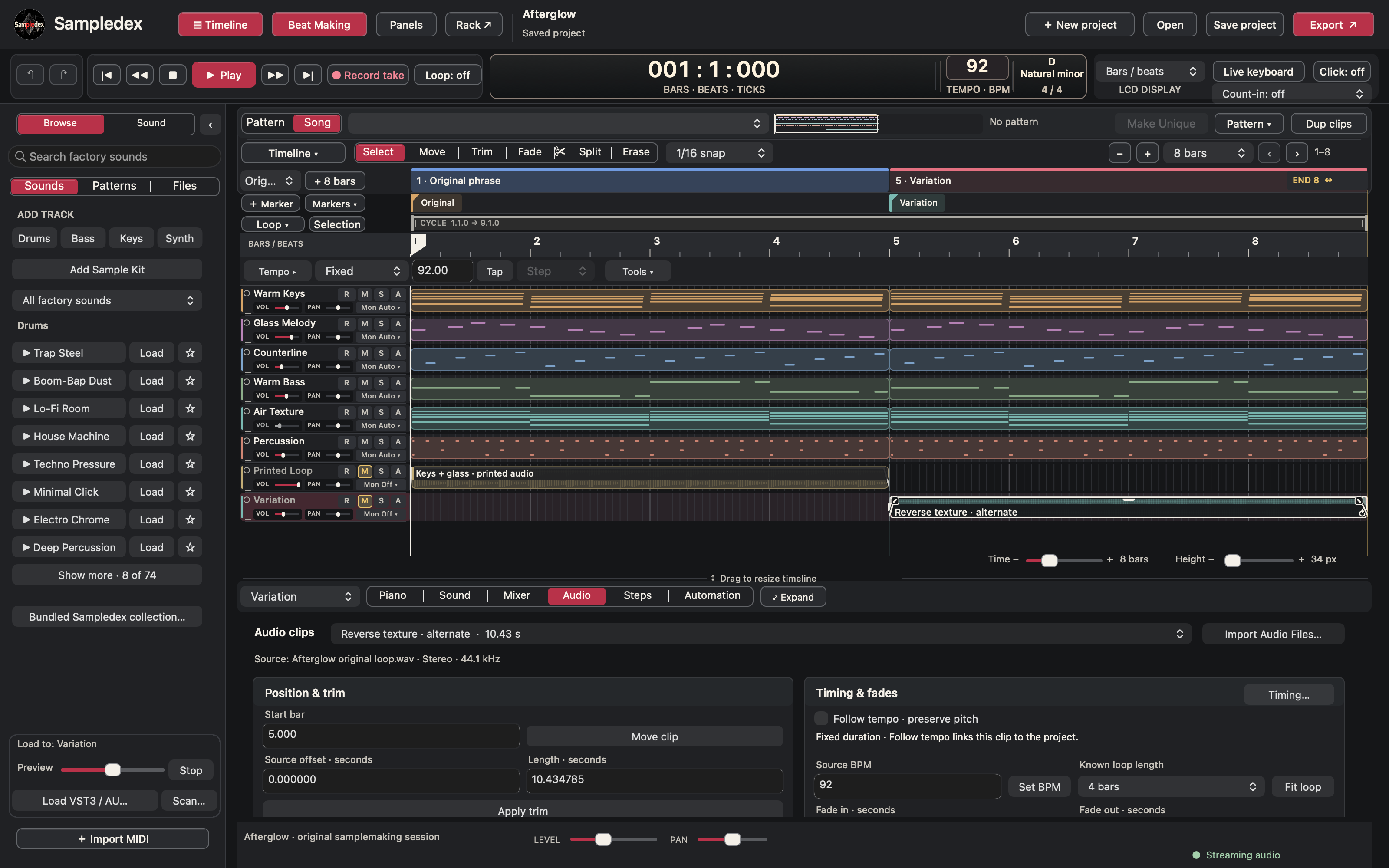 Sampledex arrangement with the original musical layers and printed audio used for a variation.