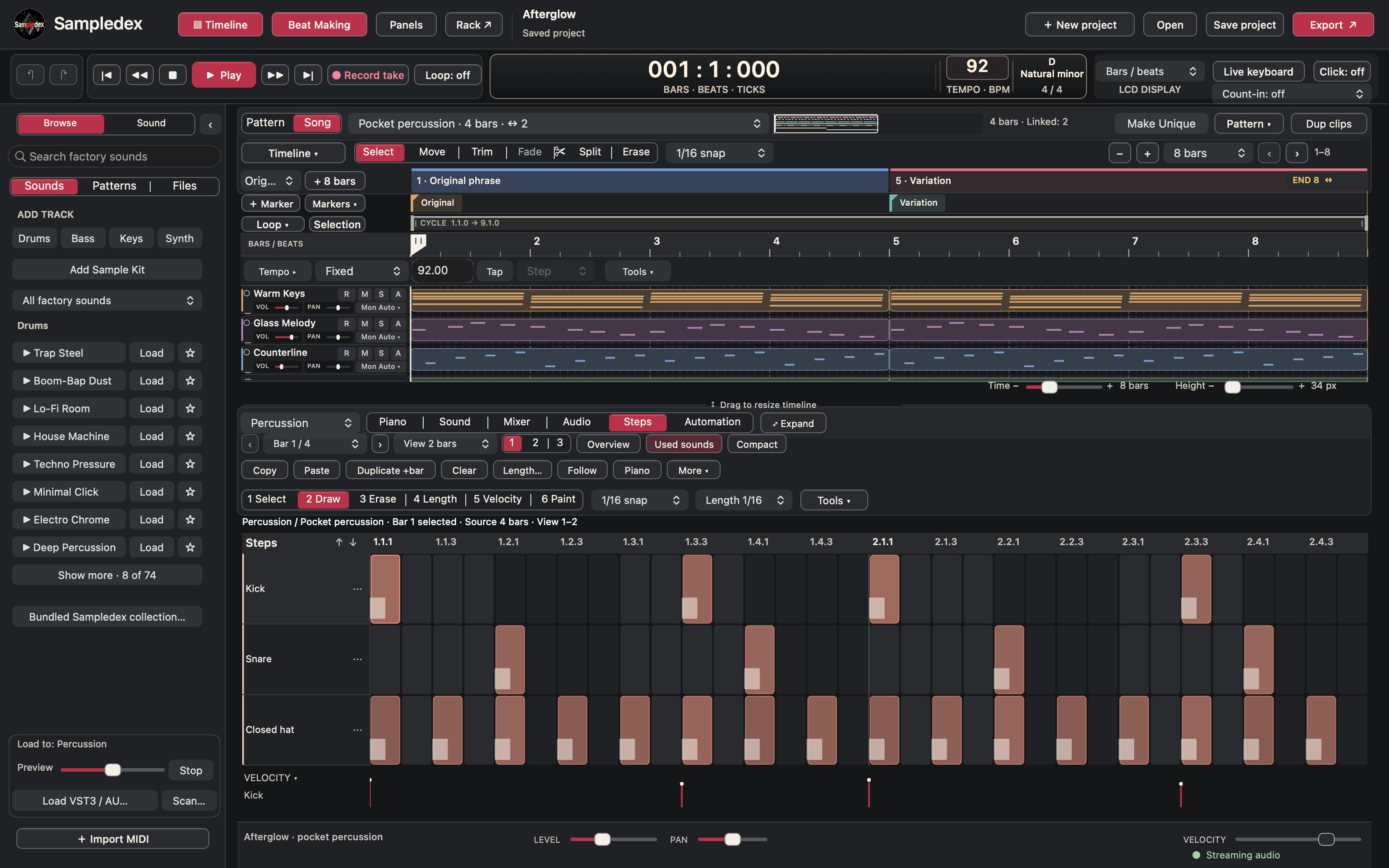 Steps showing kick, snare and closed-hat hits across two source bars, with bar controls and a velocity lane.