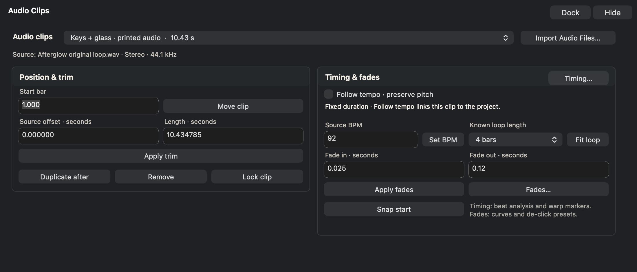 A separate Audio Clips panel showing position, trim, source BPM, loop length and fade controls.