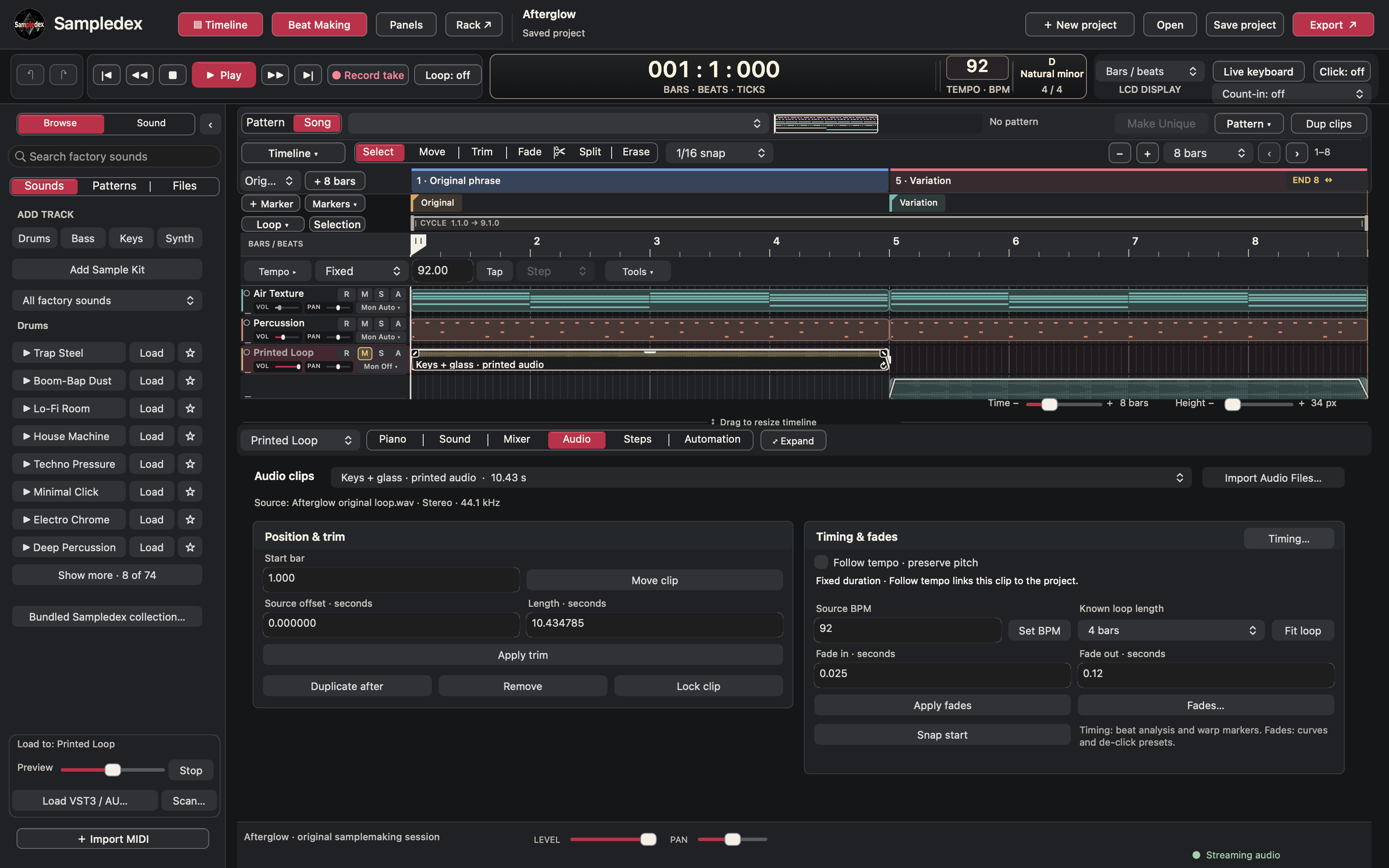 Audio inspector showing position and trim settings, source BPM and loop-length controls for the selected clip.