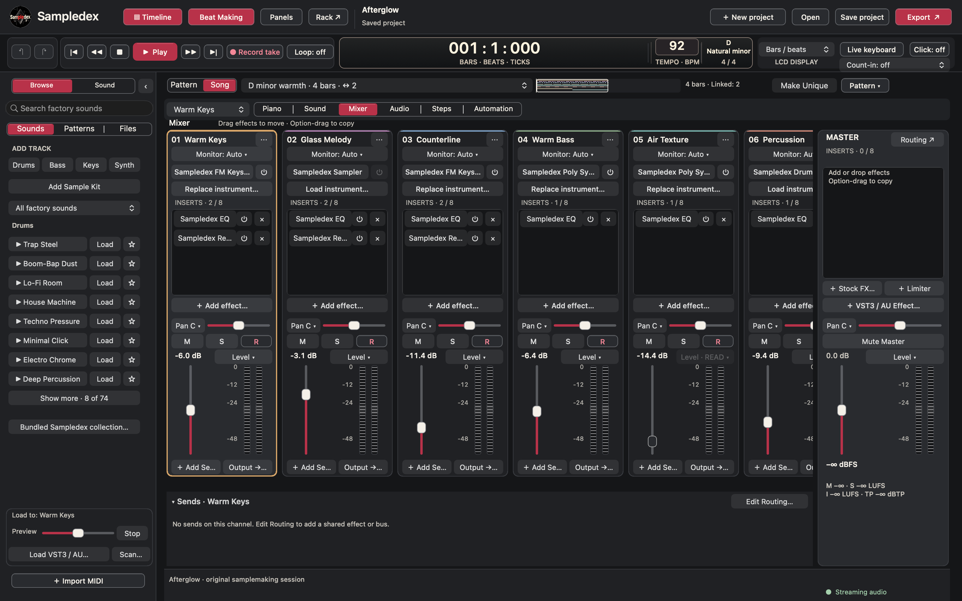 Mixer channels for keys, melody, countermelody, bass, texture and percussion, with their instruments, inserts, faders and Master channel.